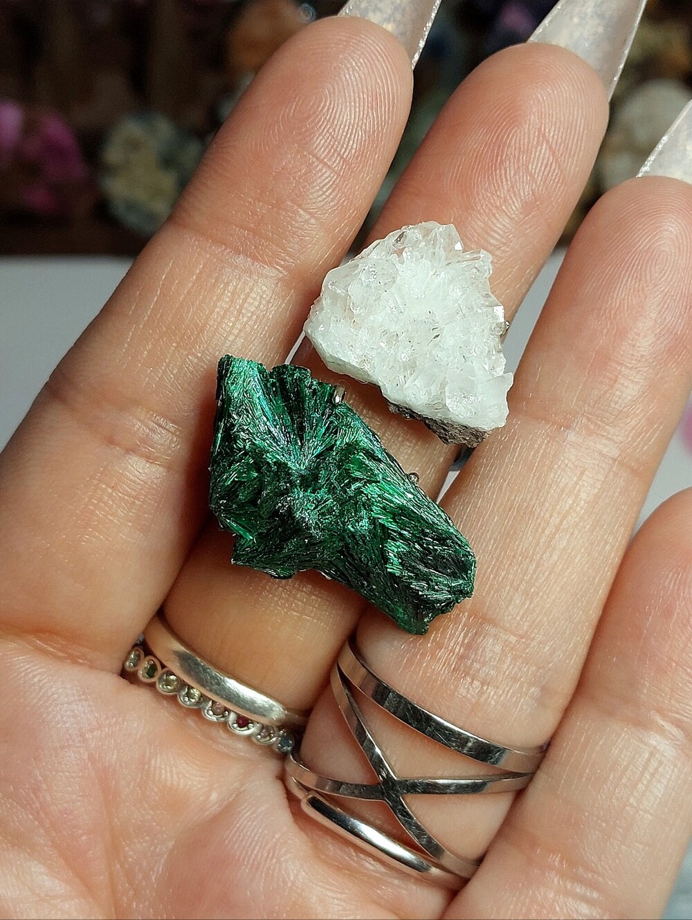 ⚒️ Lustrous Fiber Congo Malachite & Quartz Duel Copper Specimen Ring